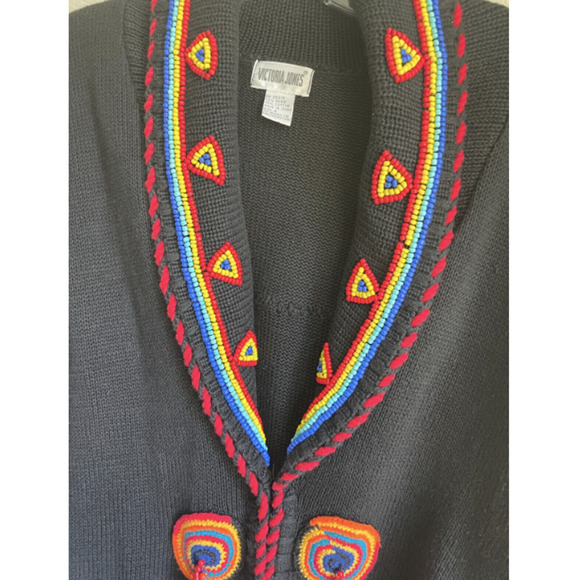 Vintage Victoria Jones Cardigan Heavily Beaded Indian Aztec Long Sleeve Black M - Picture 3 of 9